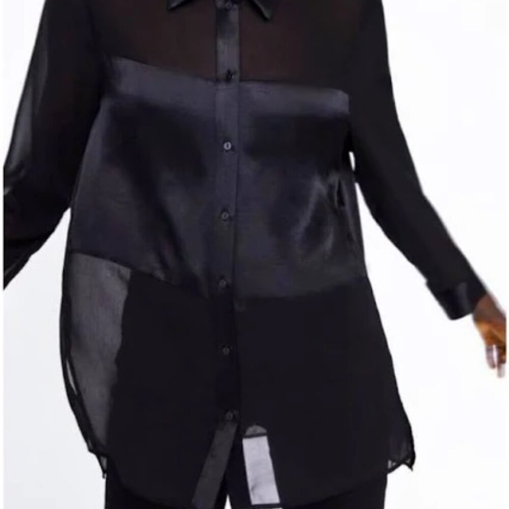 Zara black satin & sheer button down